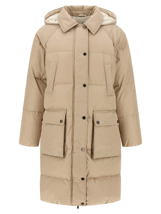Shiny Zipper Pull Puffer Jackets Beige