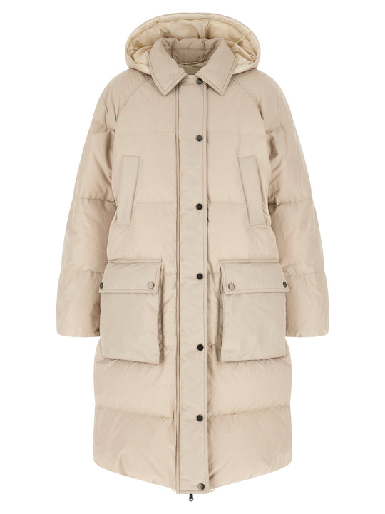 Shiny Zipper Pull Puffer Jackets Beige