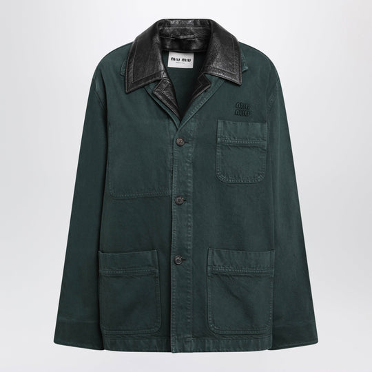 Bottle Green Gabardine And Leather Jacket