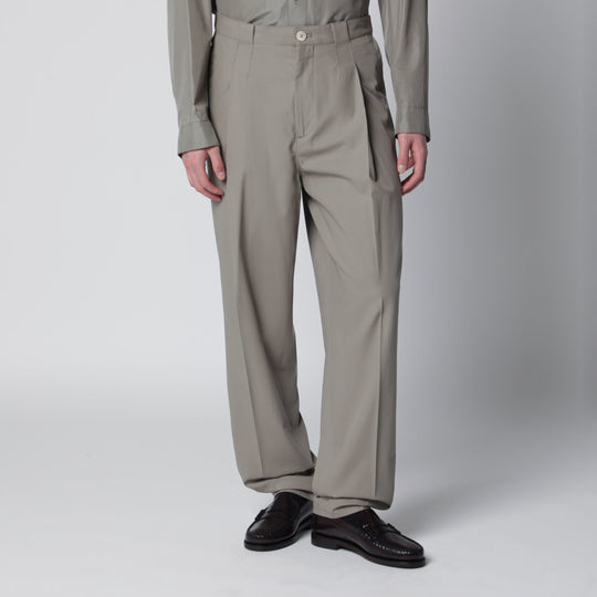 Twill Cotton Trousers With Pleats In Khaki
