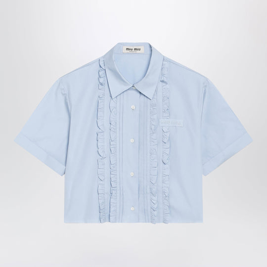 Light Blue Cropped Poplin Shirt With Ruffles