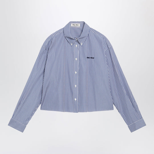 White/Cobalt Striped Cropped Shirt With Logo Embroidery