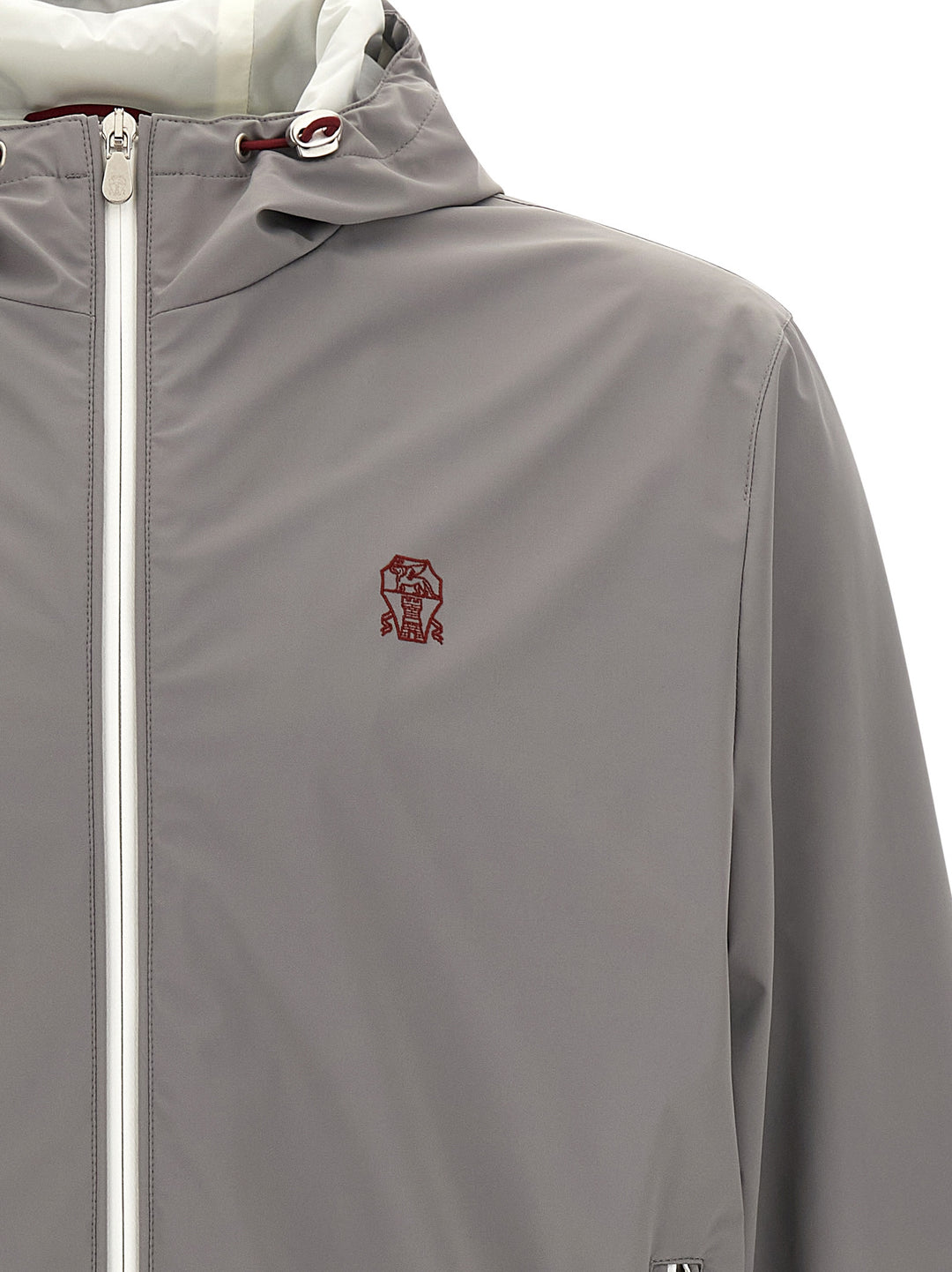 Brunello Cucinelli Logo Embroidery Windbreaker Puffer Jackets - Gray | 558dfff56de5419441e75f9c130033232dfaebfb