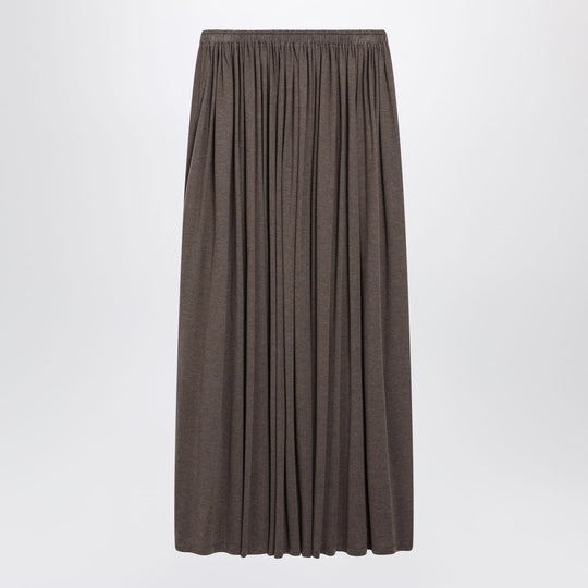Long Pleated Skirt In Dark Khaki Lightweight Jersey