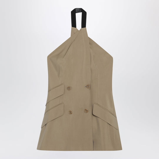 Sleeveless Jacket In Sand-Colored Wool And Silk Poplin