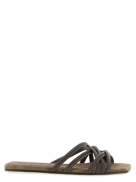 Leather Slides Sandals Brown