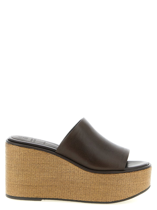 Leather And Raffia Wedges Brown
