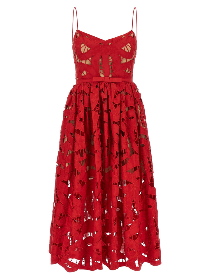 Self Portrait Red Bow Embroidered Midi Dresses - Red | 273b83ae2fc1440184a4732259357c3a8766dd81