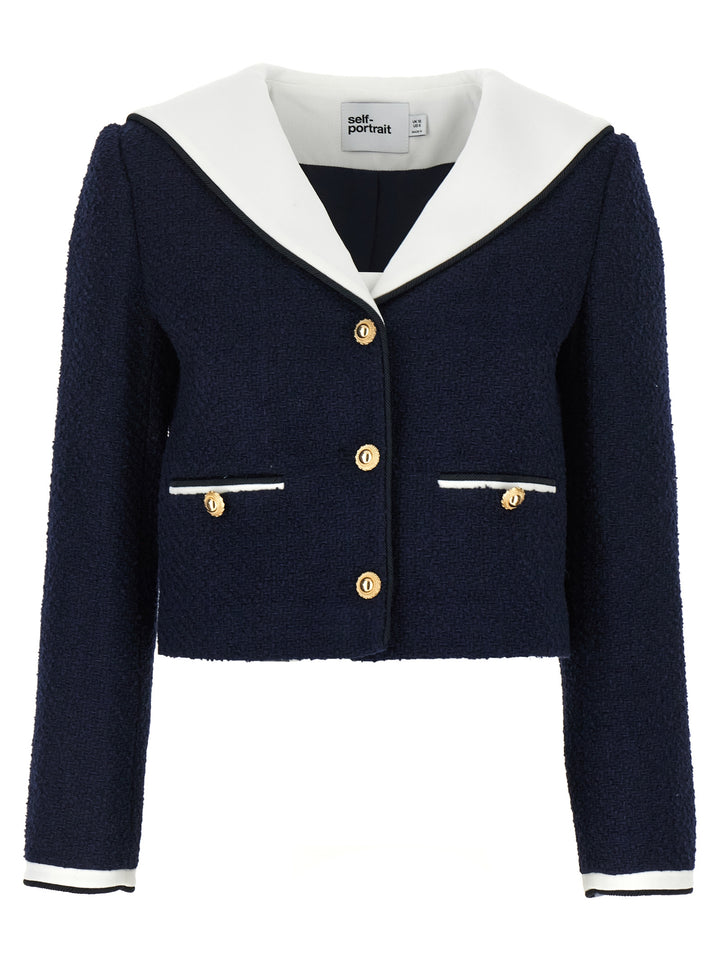 Self Portrait Navy Boucle Contrast Collar BlazerS - Blue | 981f12e9cd142fbf618633e8a4a241659e2c2dd3