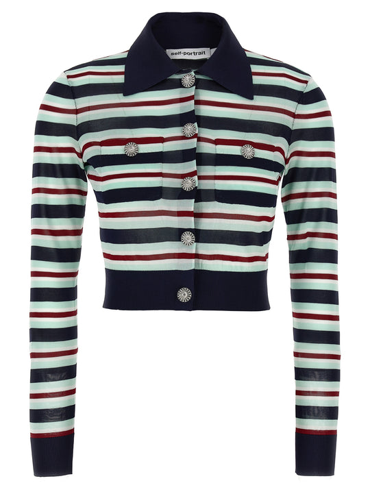 Navy Striped Viscose Knit Sweaters And Cardigans Multicolor