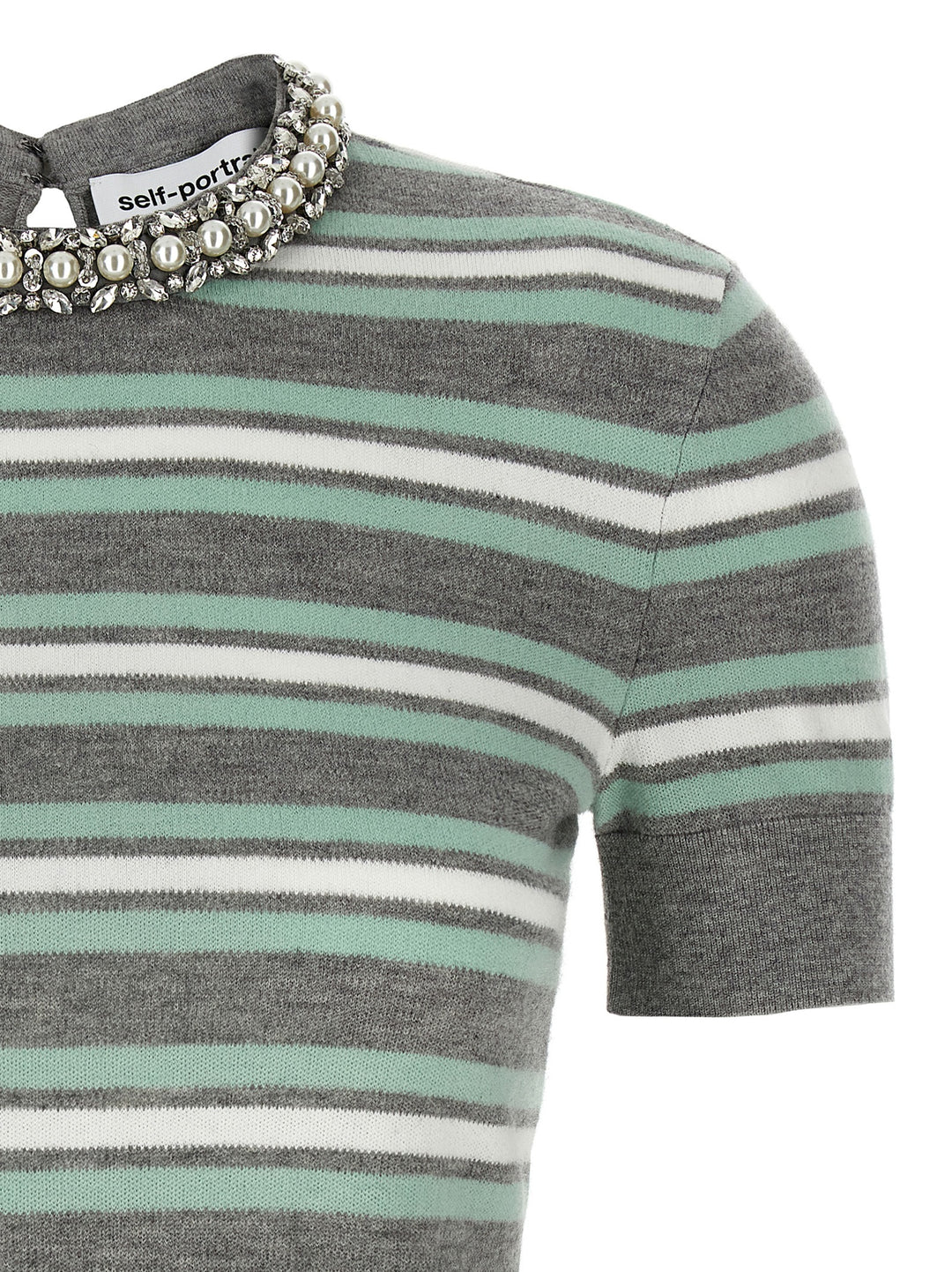 Self Portrait Grey Striped Crystal Trim Knit Sweaters and Cardigans - Gray | 4dc2e533078d41b4dacf124e454a2494dcdbfcb1