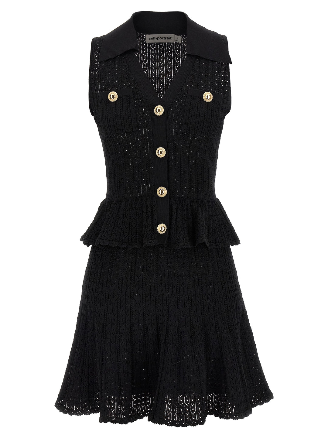 Self Portrait Black Pointelle Knit Mini Dresses - Black | f19a3e594ac44fb7690414117d50af7a08751ff4