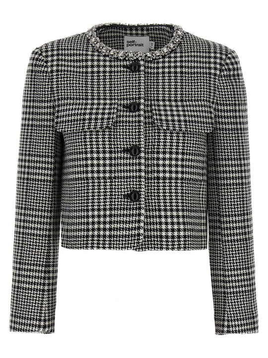 Houndstooth Crystal Trim Blazers White/Black