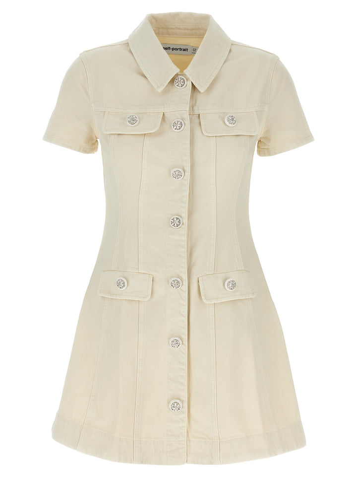 Self Portrait Cream Collared Denim Mini Dresses - White | c872123593a4c31111a6364ca71d8ceafeea4524