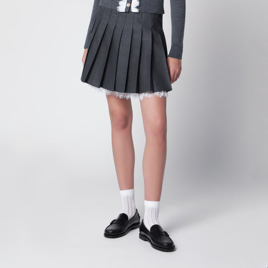 Pleated Wool Mini Skirt With Lace Trim In Grey