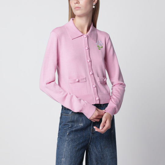 Wool Knit Cardigan With Floral Embroidery In Pink