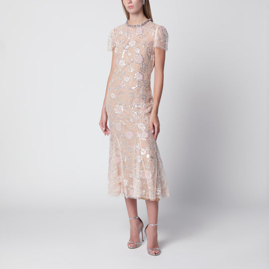 Floral Sequin Midi Dress In Pink Polyester