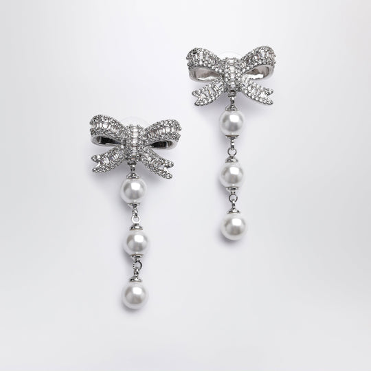 Crystal Bow And Pearl Drop Earrings In Silver