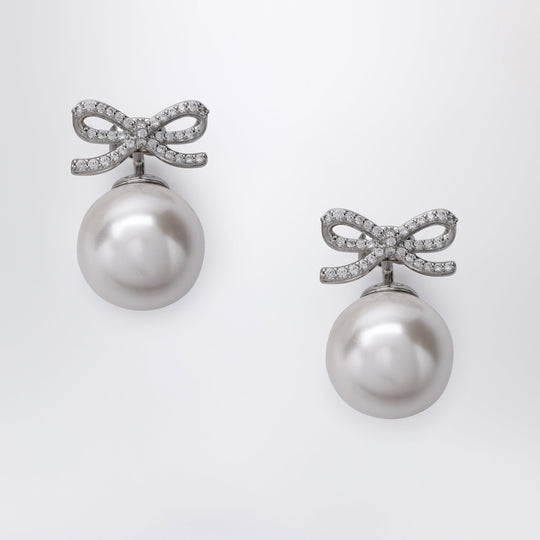 Crystal Bow And Back Pearl Earrings In Silver