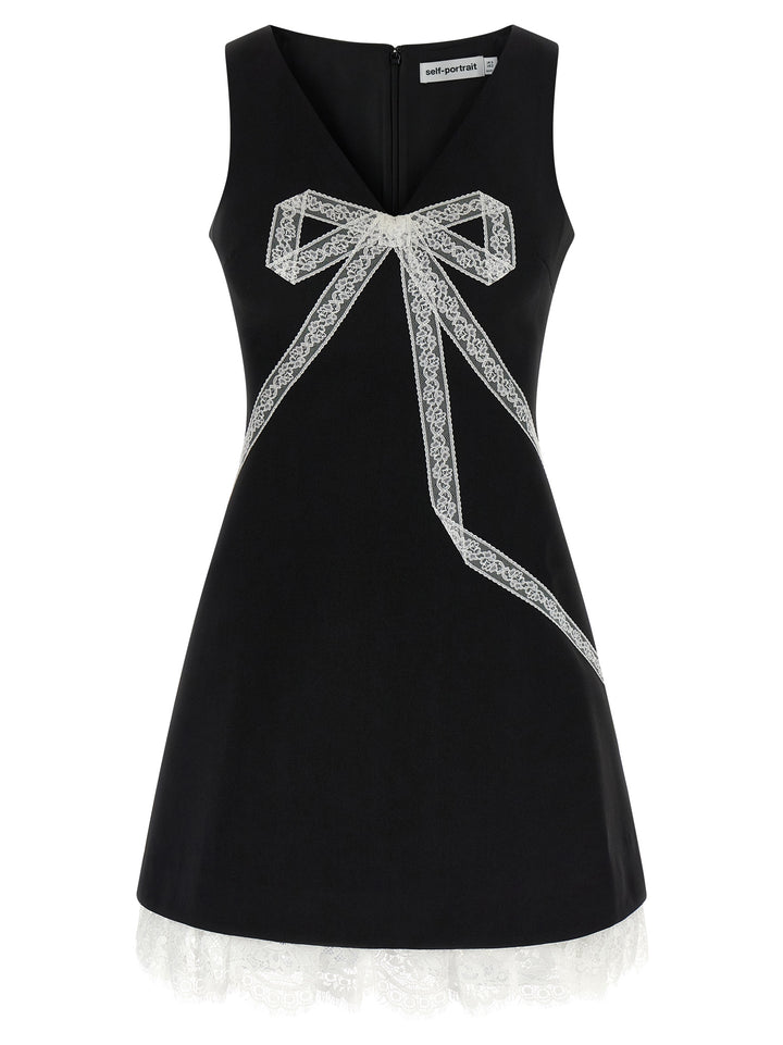Self Portrait Black Crêpe Bow Lace Mini Dresses - White/Black | 8dd7ac6406f504c5b49584d21a87756392b0c3e8