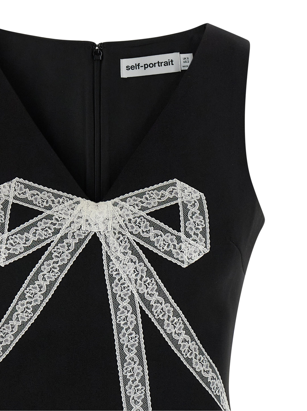 Self Portrait Black Crêpe Bow Lace Mini Dresses - White/Black | 06c64338d711ffb9c4a4109b35ba90773b0e1a8d
