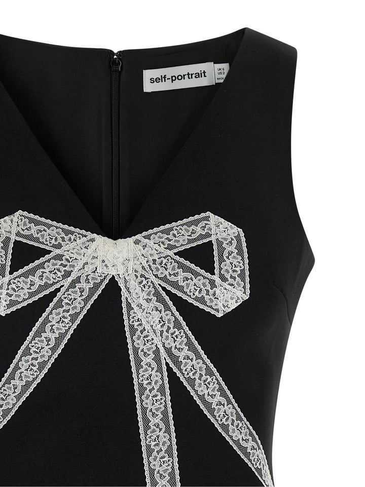 Self Portrait Black Crêpe Bow Lace Mini Dresses - White/Black | 06c64338d711ffb9c4a4109b35ba90773b0e1a8d