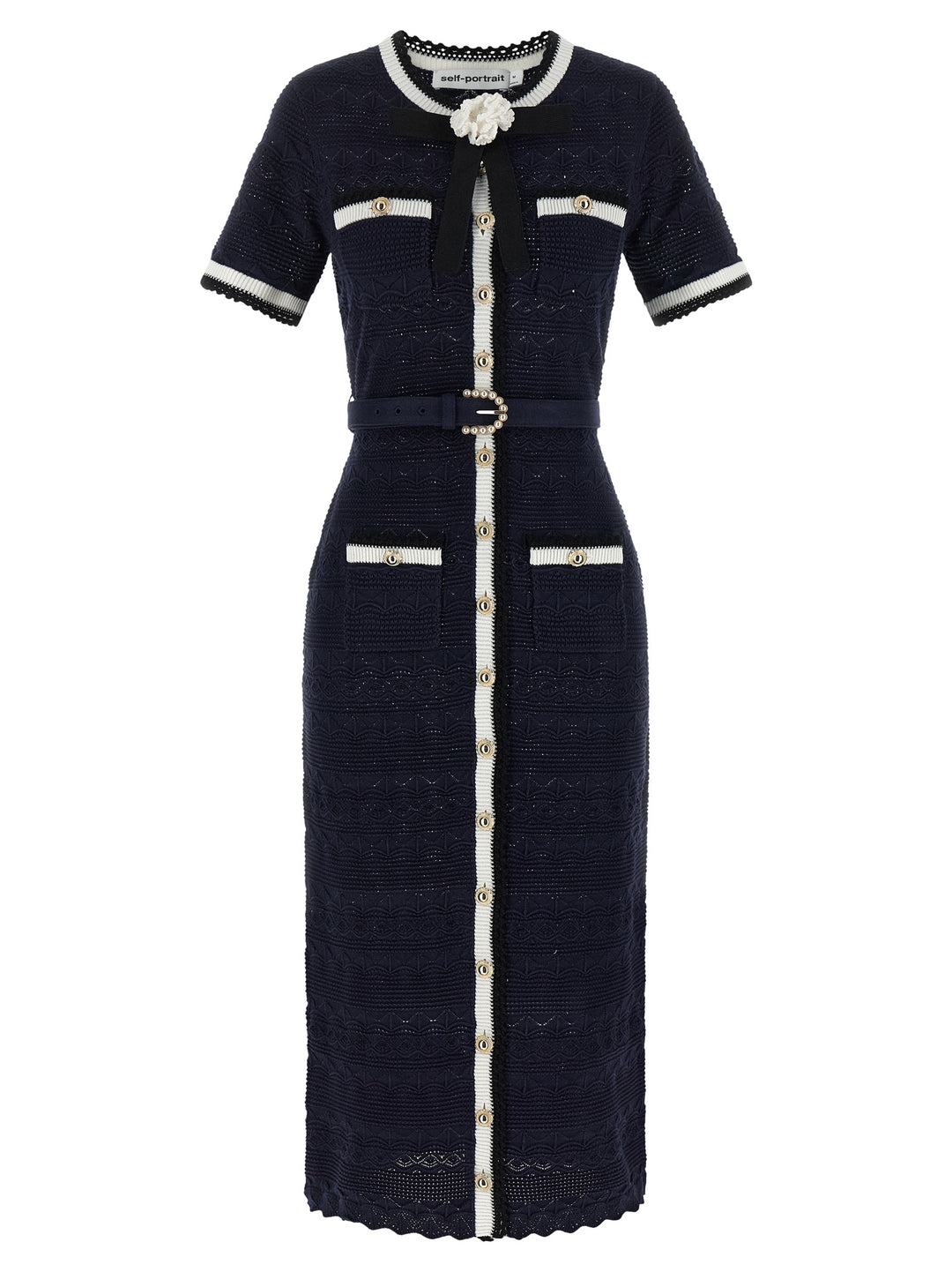 Self Portrait Navy Pointelle Knit Midi Dresses - Blue | 4730a3460b8d8b39320604a593b423bea8be06a2