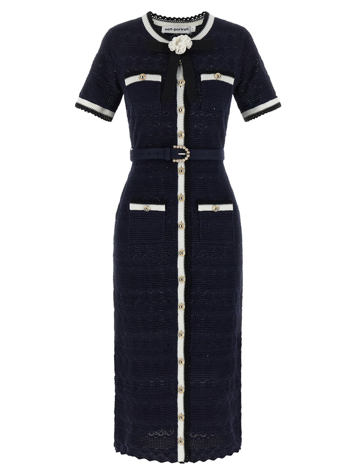 Self Portrait Navy Pointelle Knit Midi Dresses - Blue | 4730a3460b8d8b39320604a593b423bea8be06a2