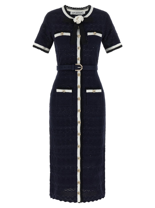Navy Pointelle Knit Midi Skirts Blue
