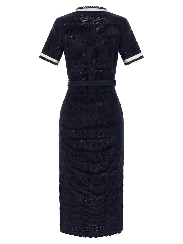 Self Portrait Navy Pointelle Knit Midi Dresses - Blue | 61db4ab89e0a89bef0958bdb6c0c0db2c3ccf694
