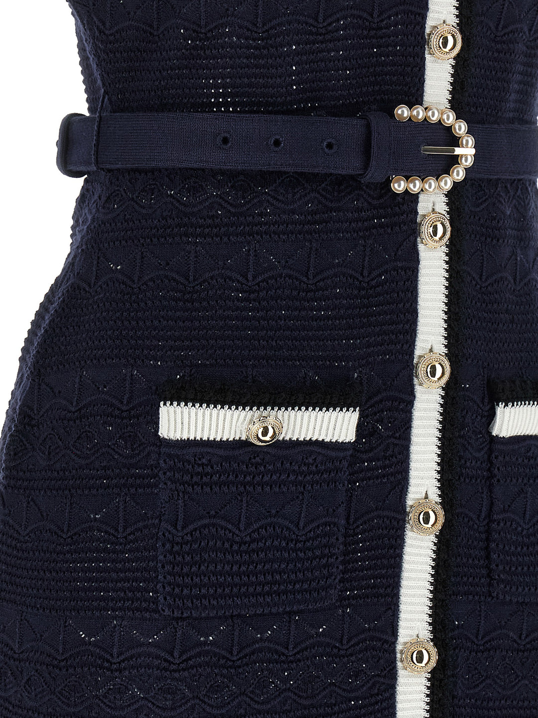 Self Portrait Navy Pointelle Knit Midi Dresses - Blue | c7743cc2756e55f8948f110d1dbb64d5b89856ea
