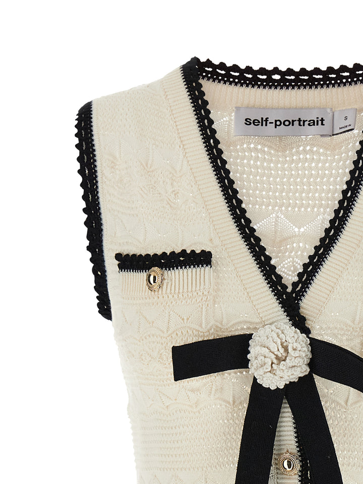 Self Portrait White Pointelle Knit Mini Skirts - White/Black | 261b14b78361f78d6ea955ab5453a0dd1e99105a