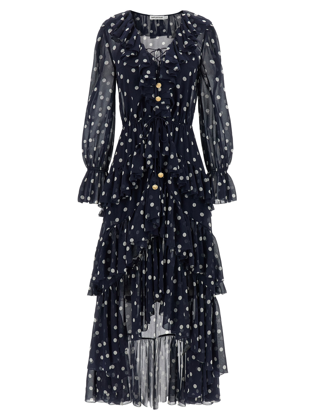 Self Portrait Polka Dot Georgette Ruffle Maxi Dresses - Blue | 0e2ab4f03837307109101f322810fec668866df0
