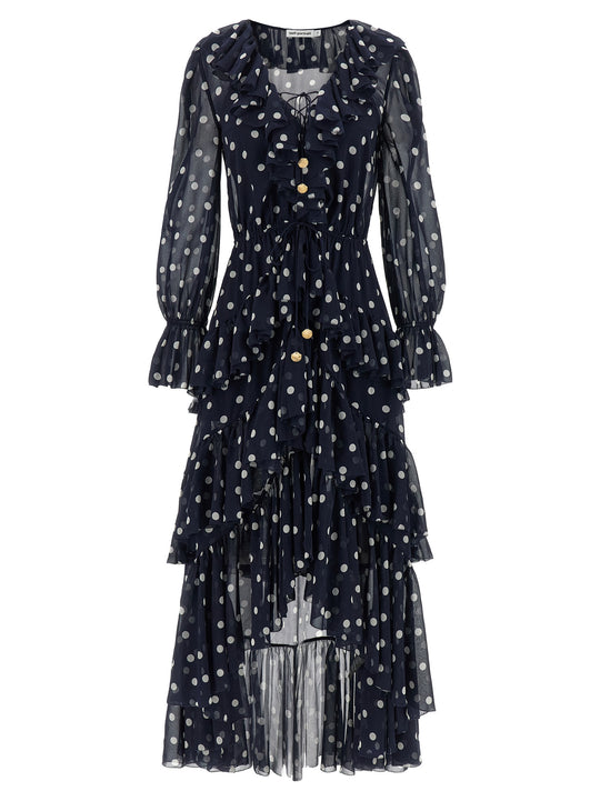 Polka Dot Georgette Ruffle Maxi Dresses Blue