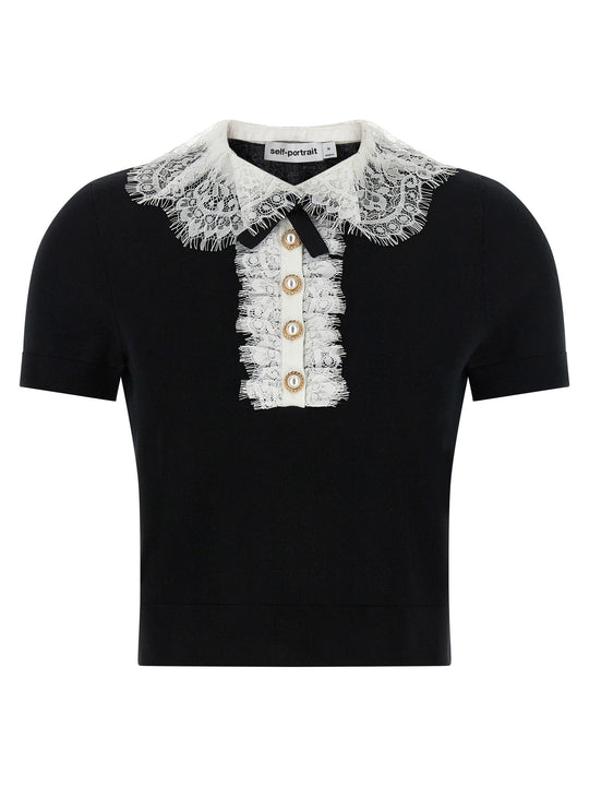 Black Knit Lace Collar Tops White/Black