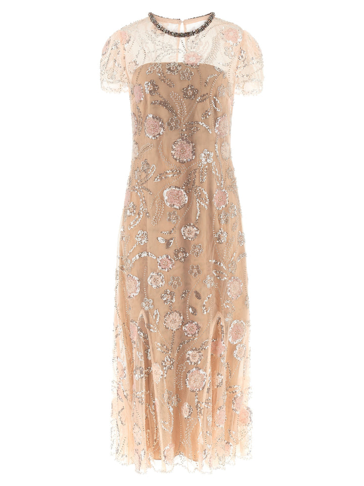 Self Portrait Pink Flower Sequin Embellished Midi Dresses - Pink | b7560bb7868f35be7b8d2207797d0050938a2922