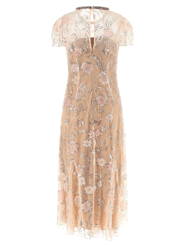 Self Portrait Pink Flower Sequin Embellished Midi Dresses - Pink | f234e377036850ac3c5230dcec797721c97d8eb4