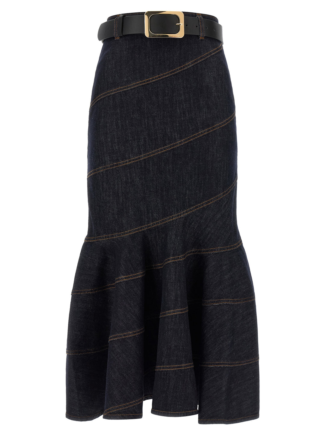 Self Portrait Indigo Denim Belted Midi Skirts - Blue | 4d29d8aa4c14f25d48b64593dedc16eb3dd6edb7