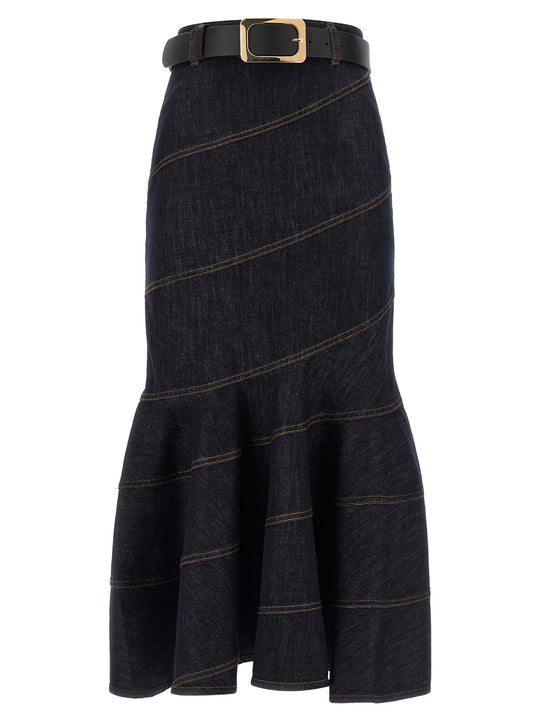 Indigo Denim Belted Midi Skirts Blue