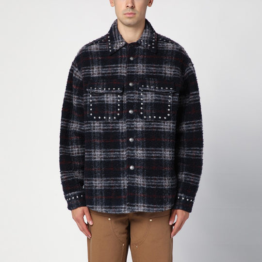 Over Shirt In Navy Check Wool With Studs