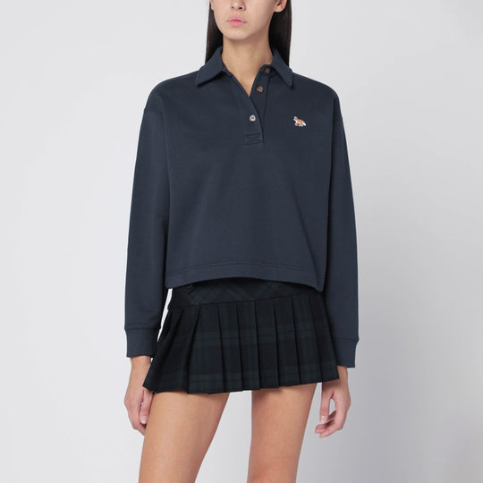 Navy Polo-Style Sweatshirt With Logo Patch