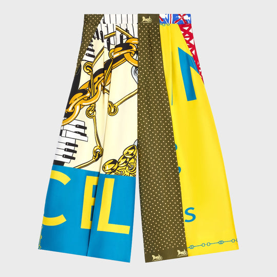 Cropped Trousers In Ivory/Blue/Yellow Silk Twill