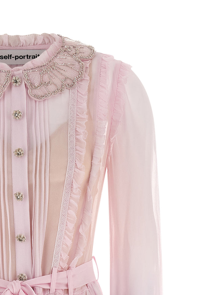 Self Portrait Pink Pleated Georgette Midi Skirts - Pink | 309c722a9930fdaea6d80a07bcbbcd6975e7a264