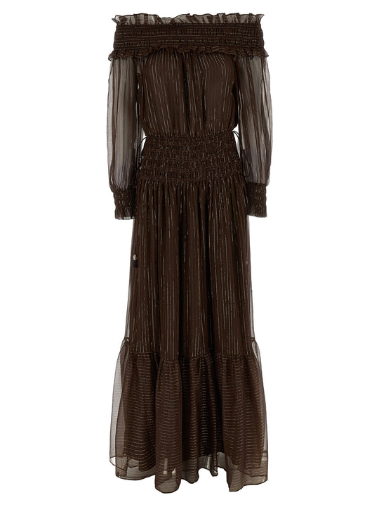 Brown Georgette Off Shoulder Maxi Dresses Brown
