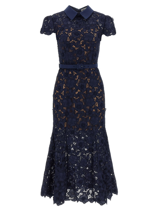 Navy Guipure Lace Midi Dresses Blue