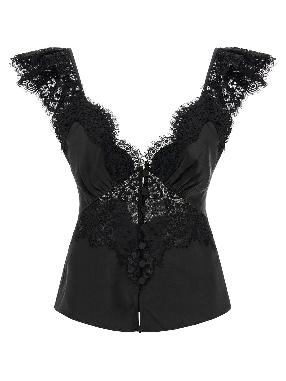 Self Portrait Black Satin Lace Tops - Black | 24cb78457307db56ec9e24af97ee6dfacd1cb842