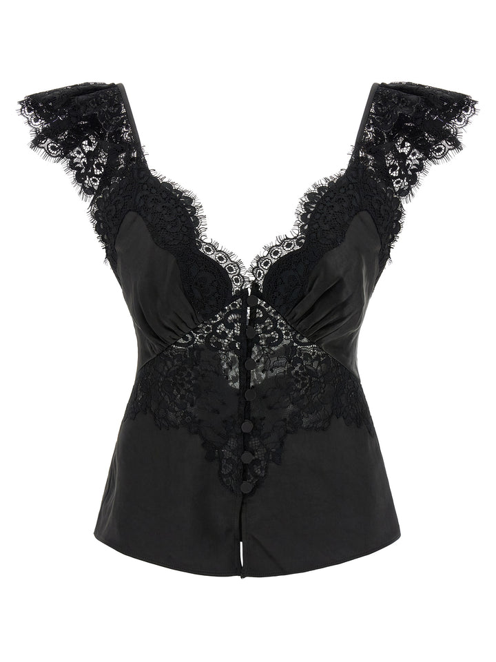 Self Portrait Black Satin Lace Tops - Black | 24cb78457307db56ec9e24af97ee6dfacd1cb842