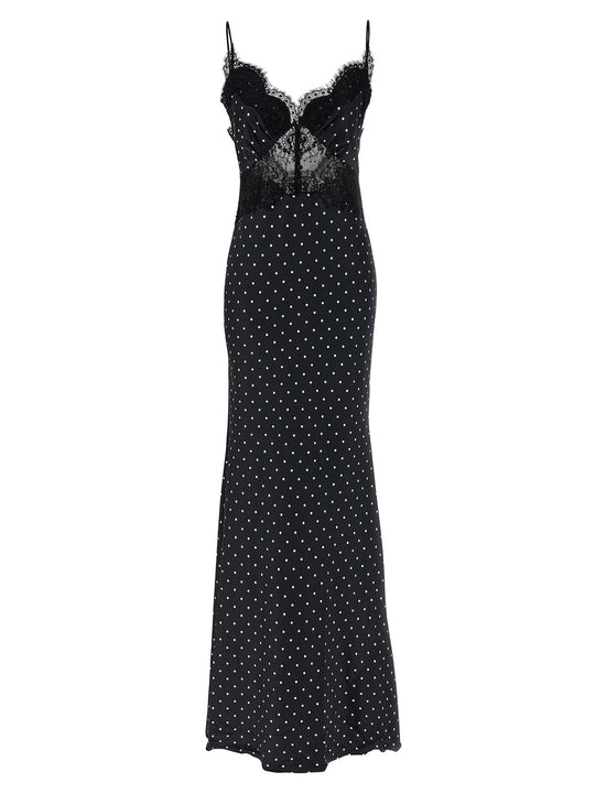 Polka Dot Satin Lace Maxi Dresses White/Black
