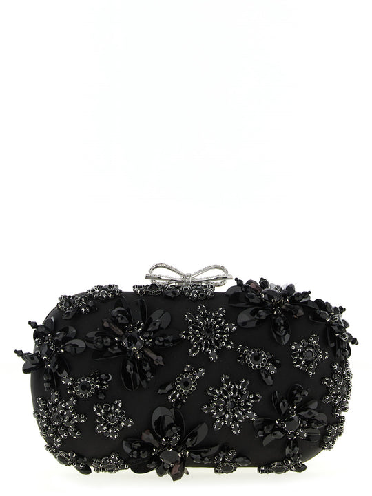 Black Satin Floral Crystal Clutch Black