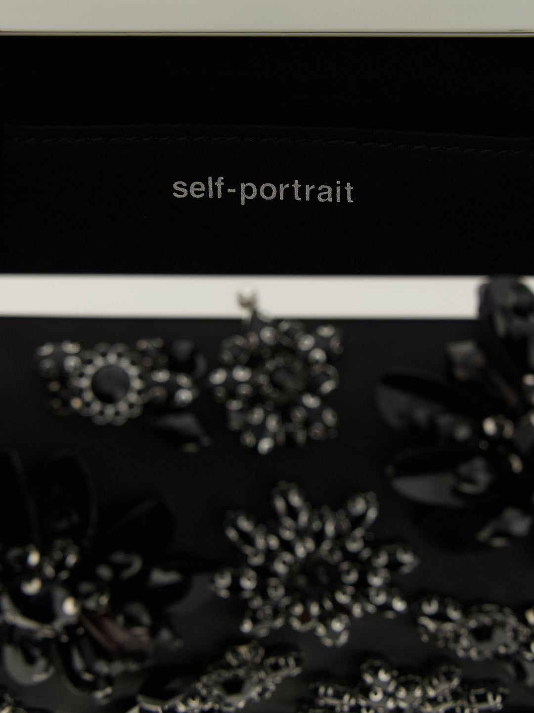 Self Portrait Black Satin Floral Crystal Clutch - Black | a4263b0b315940d9372f61d230ecc8fb79d14677
